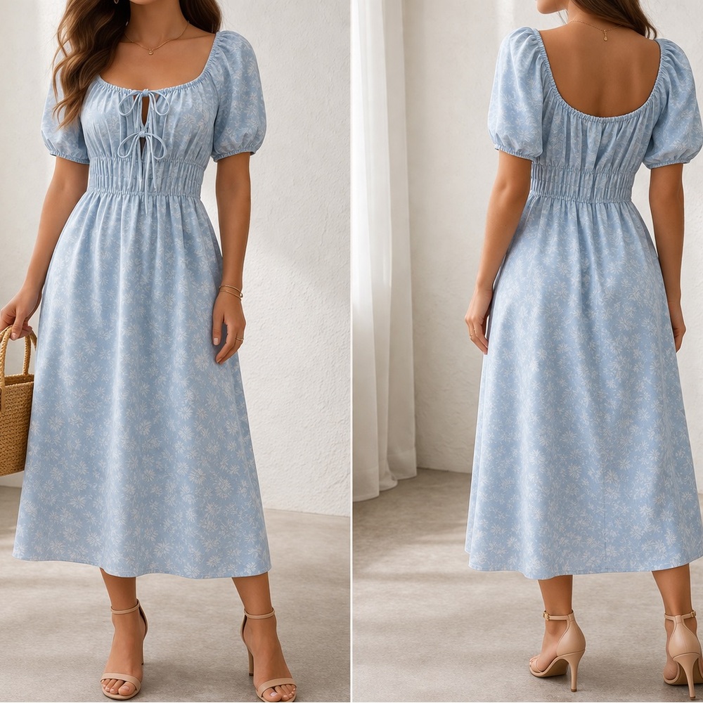 Who What Wear Blue Floral‎ Puff-Sleeve Peasant Midi Dress – Size M (NWT)